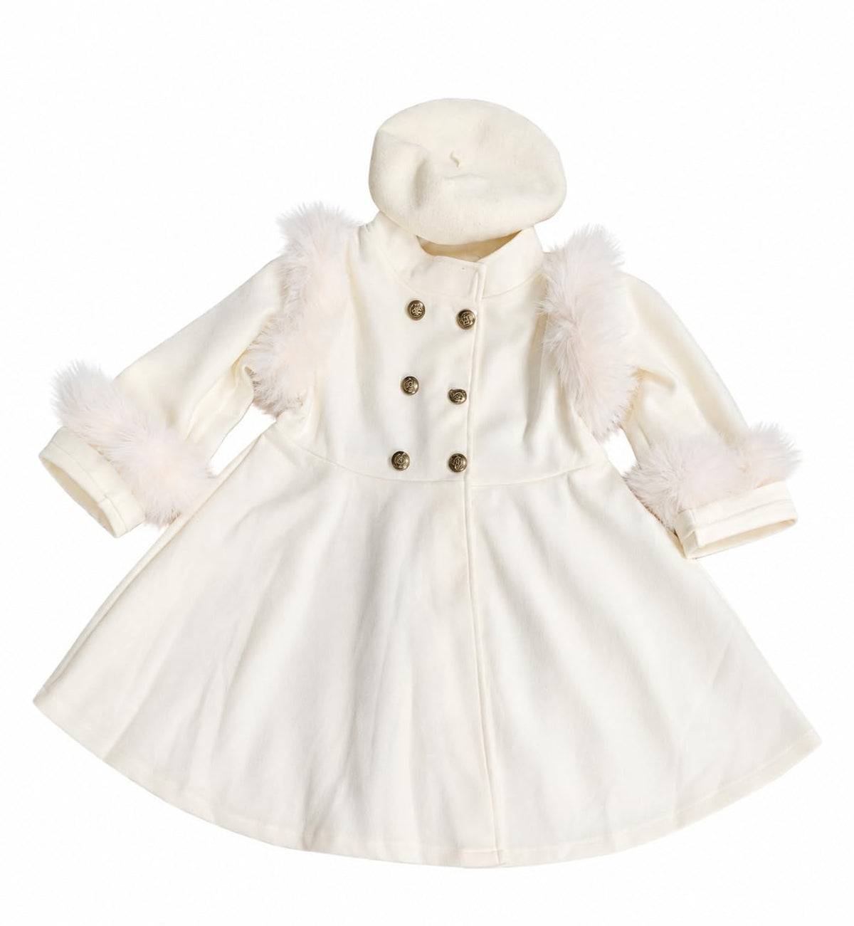 Girls Double-Breasted Dress Coat with Faux Fur Trim & Beret