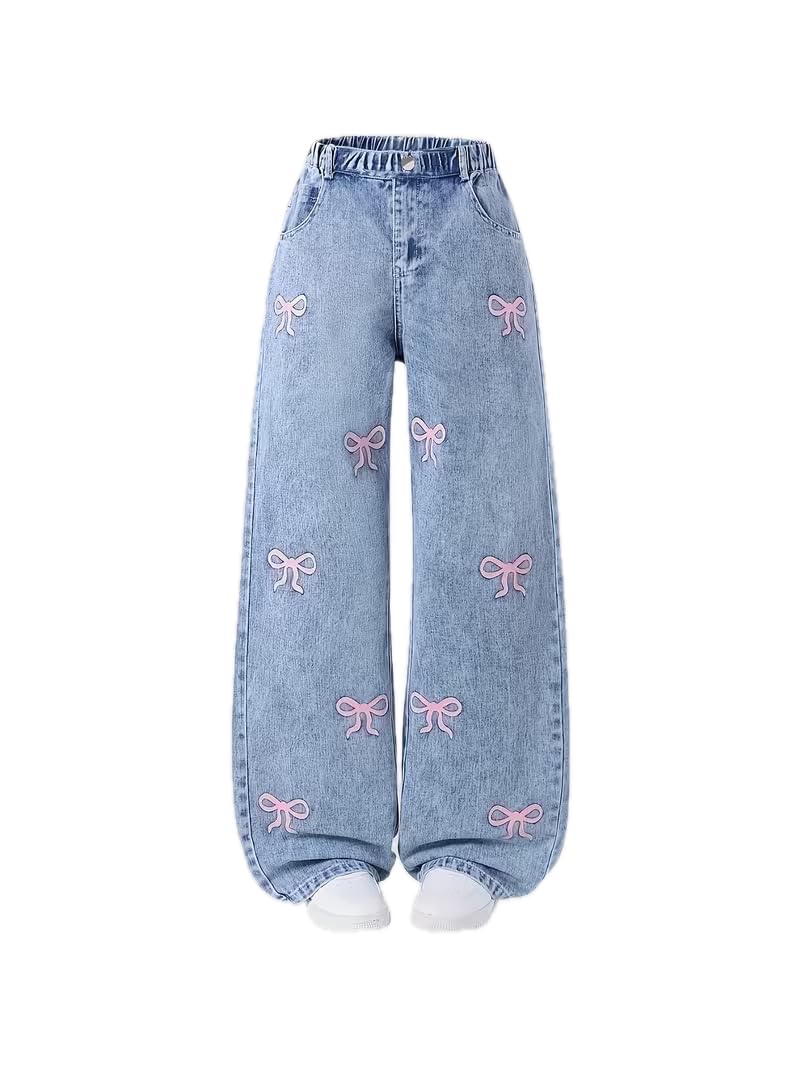 Tween Girls Y2K Bow Graphic Tee & Wide Leg Jeans Set