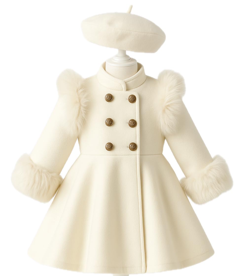 Girls Double-Breasted Dress Coat with Faux Fur Trim & Beret