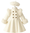 Girls Double-Breasted Dress Coat with Faux Fur Trim & Beret