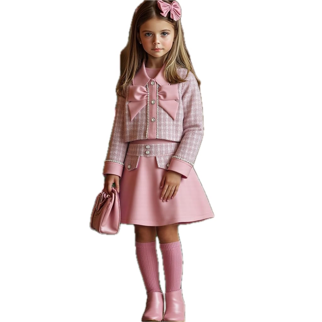 Girls Faux Leather Jacket & Pleated Skirt Set