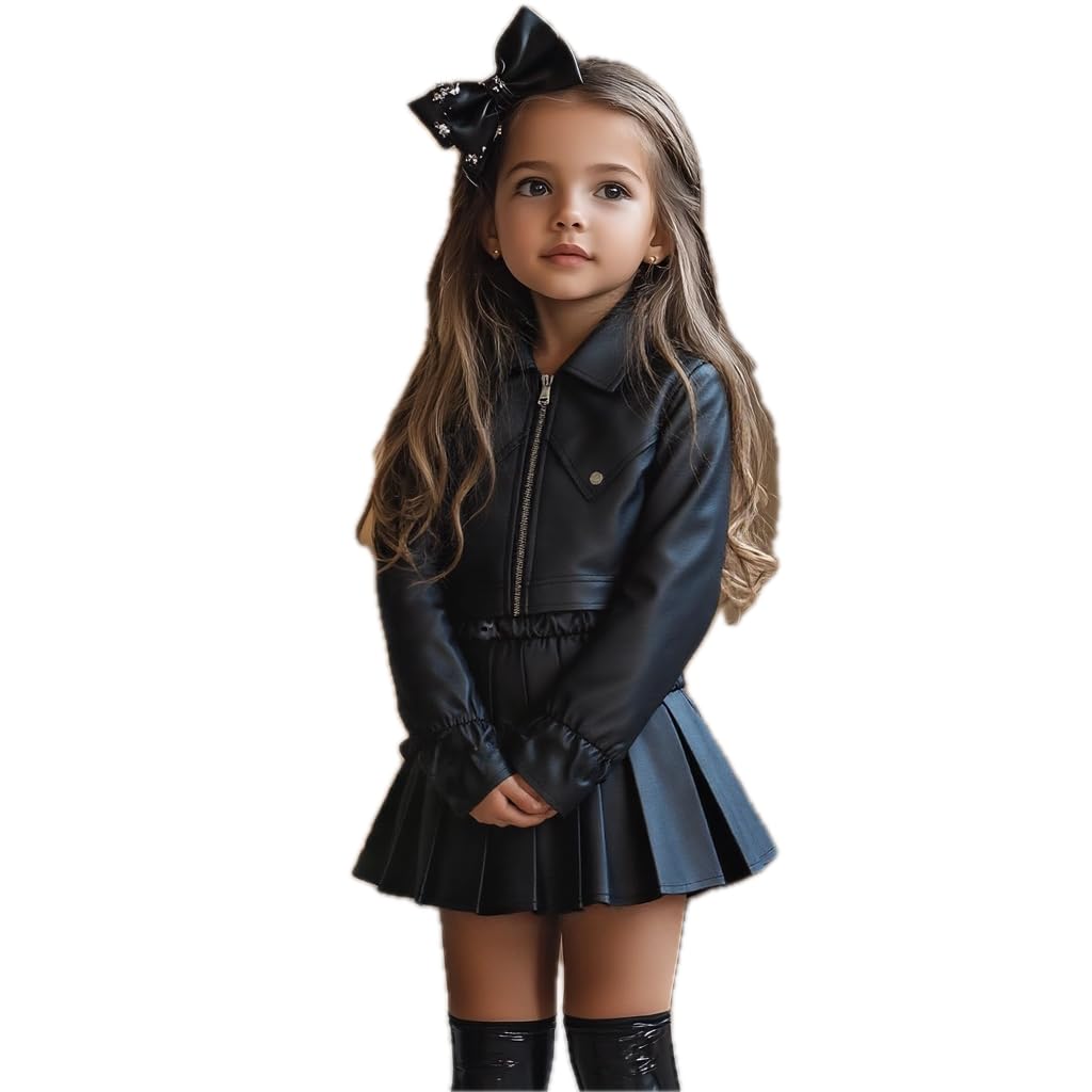 Girls Faux Leather Jacket & Pleated Skirt Set