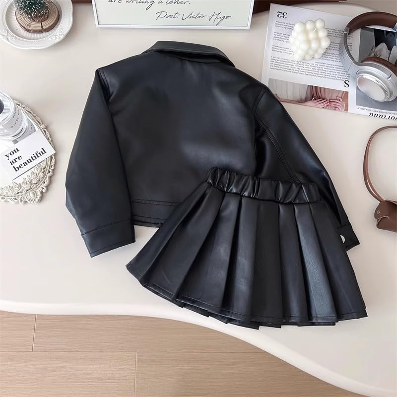 Girls Faux Leather Jacket & Pleated Skirt Set