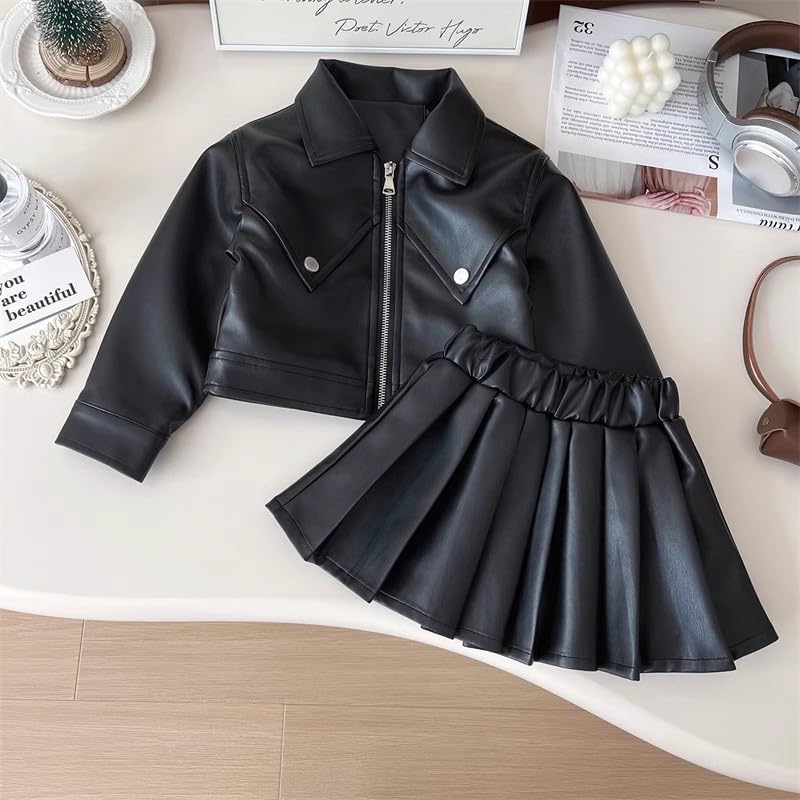 Girls Faux Leather Jacket & Pleated Skirt Set