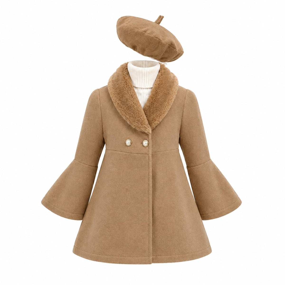 Girls Pearl Button Peacoat with Faux Fur Collar & Beret