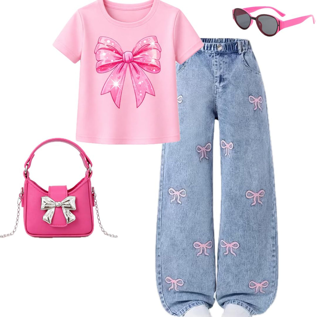 Tween Girls Y2K Bow Graphic Tee & Wide Leg Jeans Set