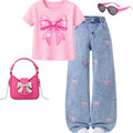 Tween Girls Y2K Bow Graphic Tee & Wide Leg Jeans Set