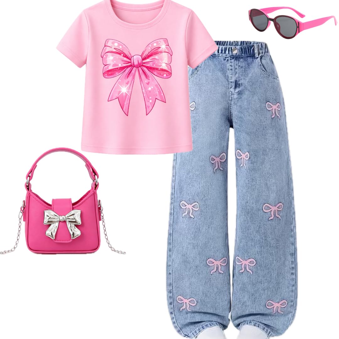 Tween Girls Y2K Bow Graphic Tee & Wide Leg Jeans Set