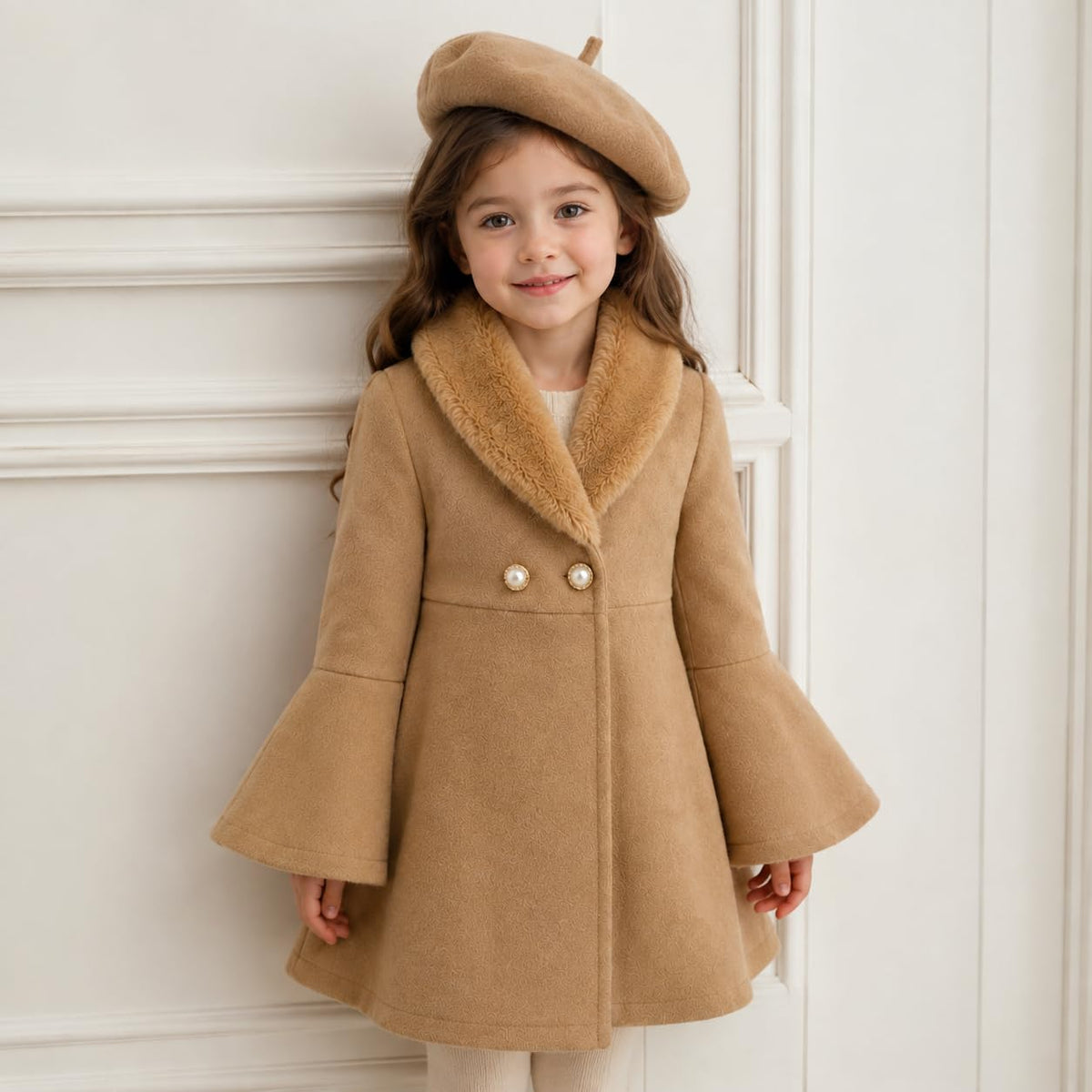 Girls Pearl Button Peacoat with Faux Fur Collar & Beret