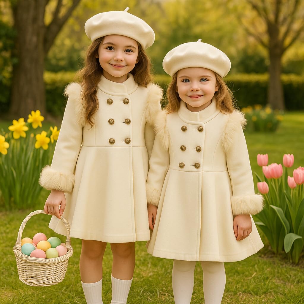 Girls Double-Breasted Dress Coat with Faux Fur Trim & Beret