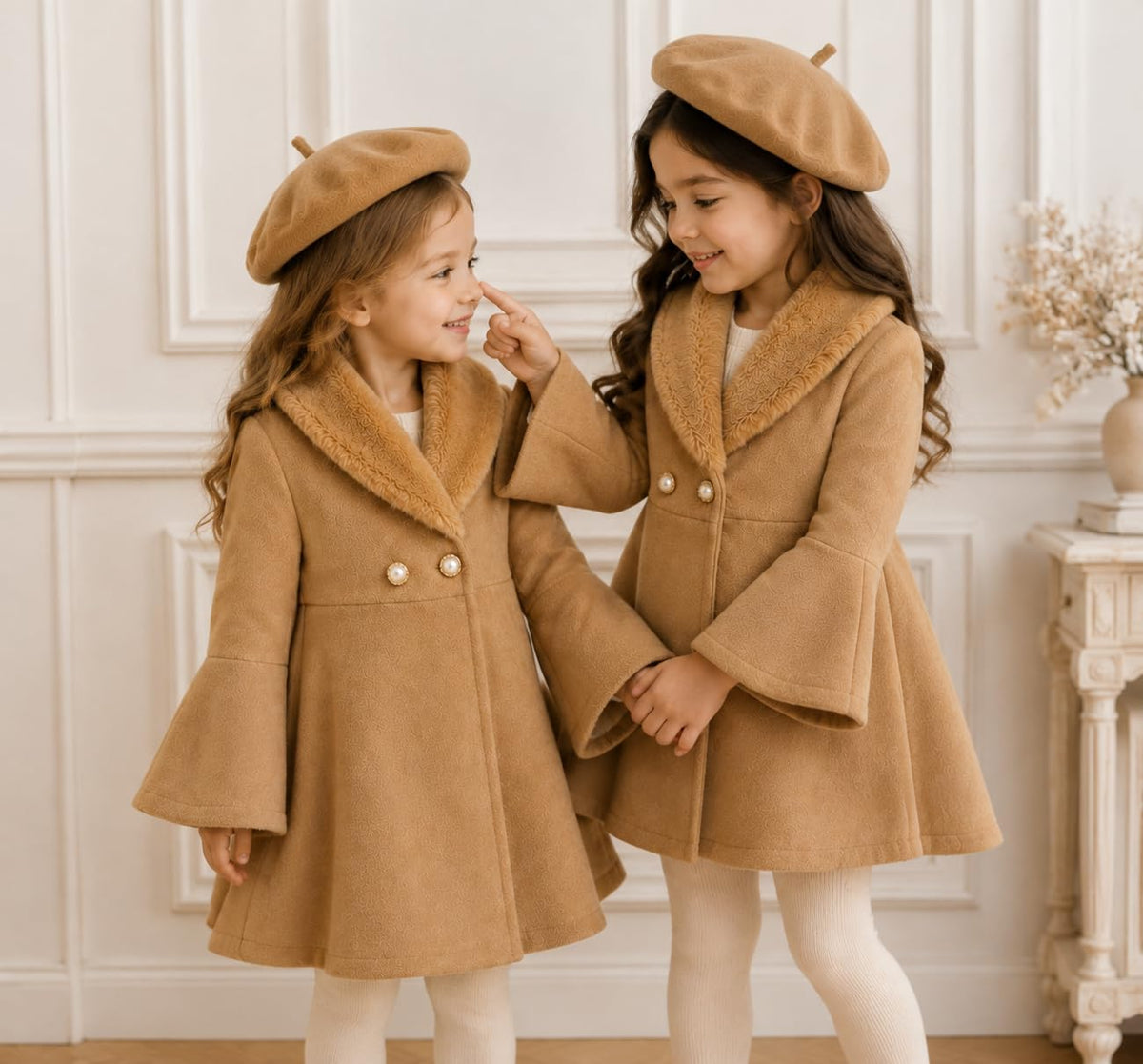 Girls Pearl Button Peacoat with Faux Fur Collar & Beret