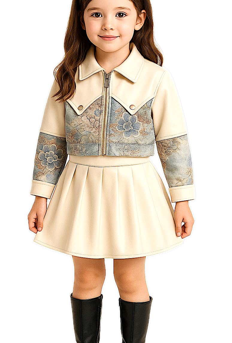 Girls Faux Leather Jacket & Pleated Skirt Set