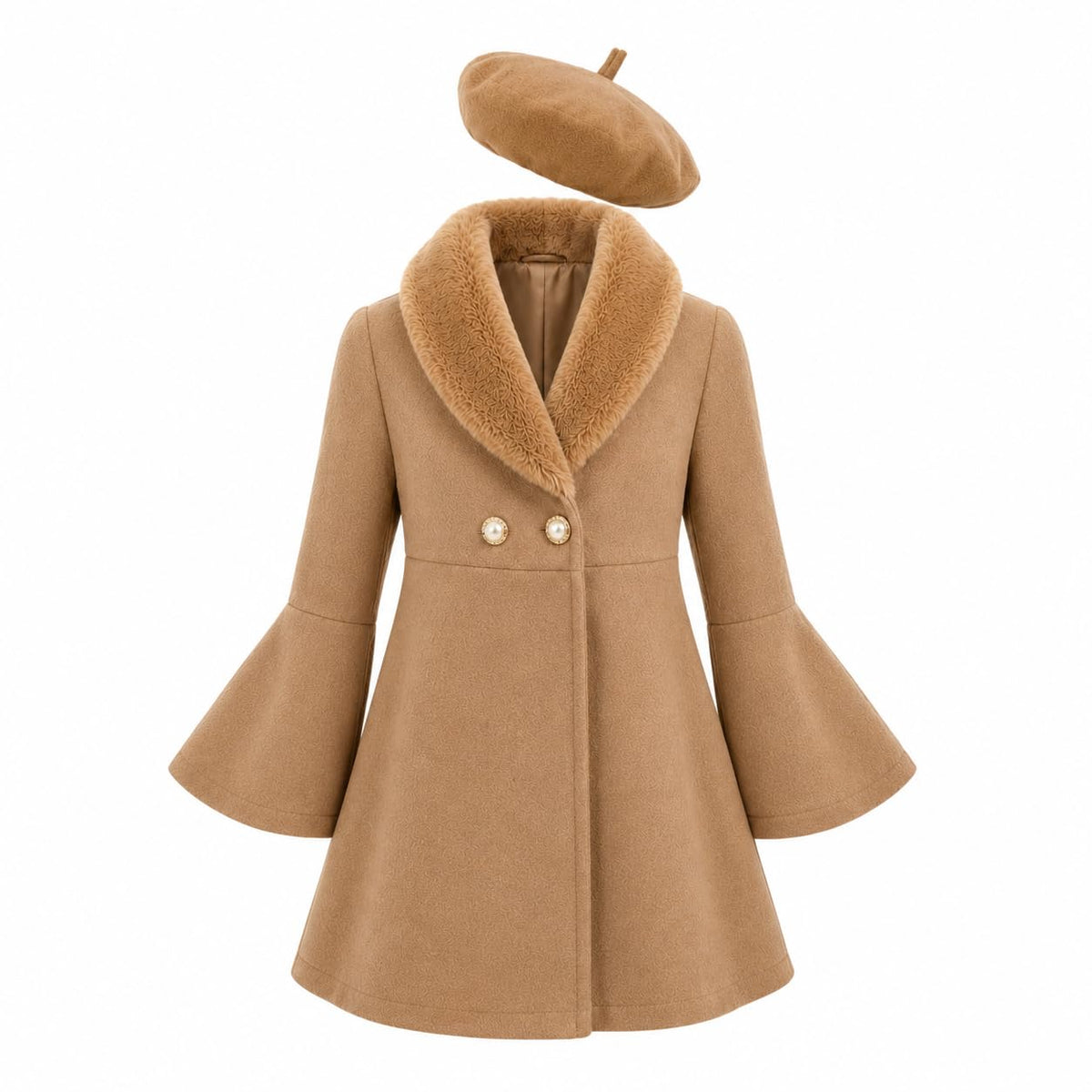 Girls Pearl Button Peacoat with Faux Fur Collar & Beret