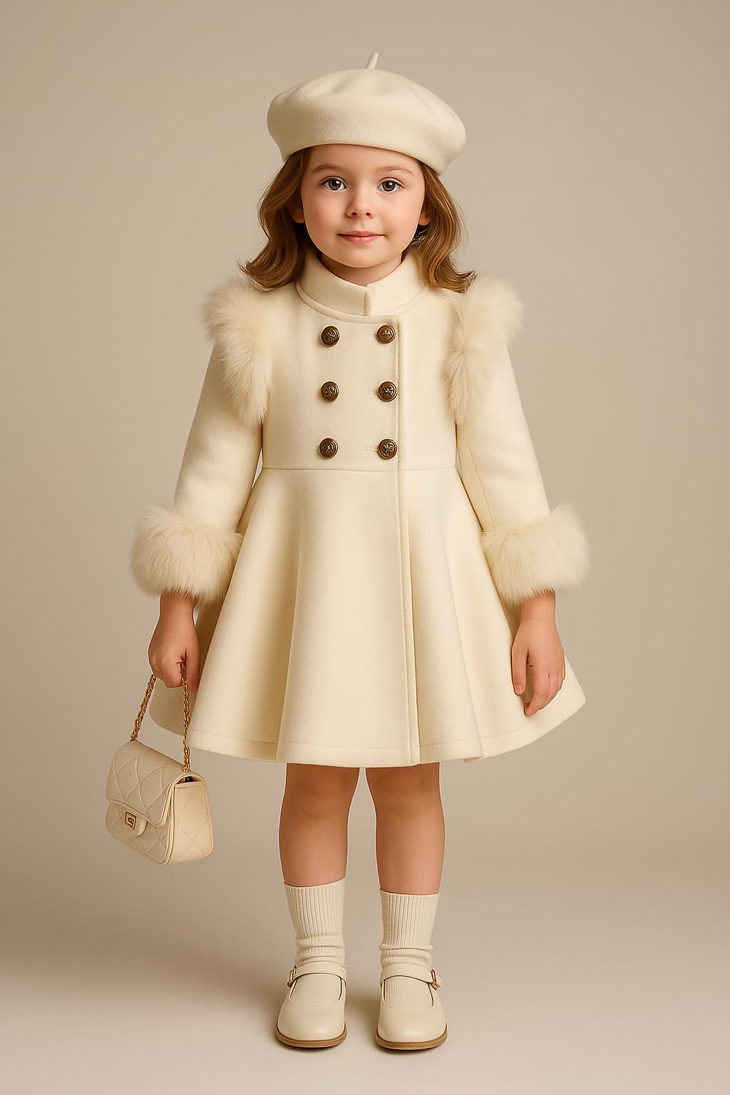 Girls Double-Breasted Dress Coat with Faux Fur Trim & Beret