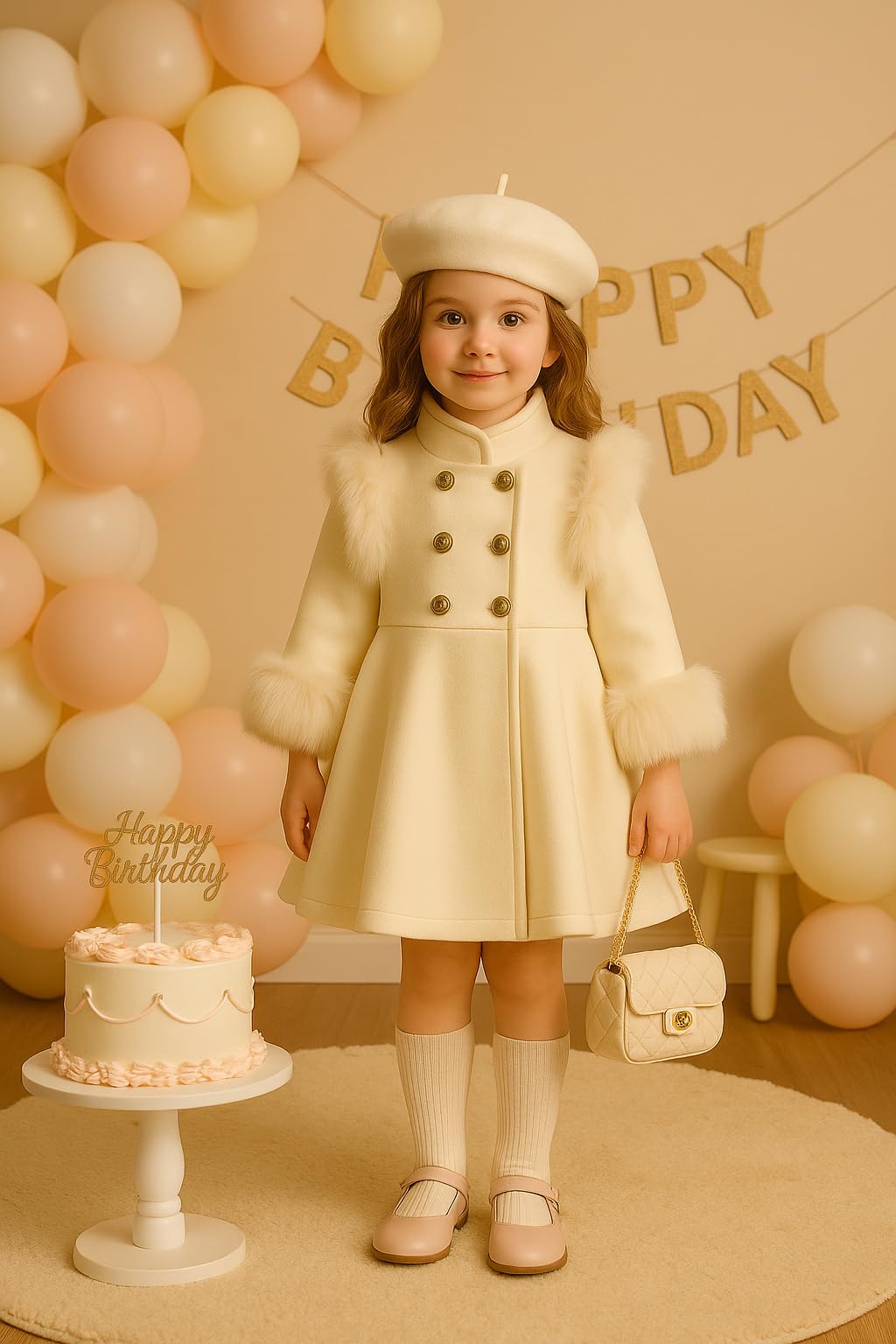 Girls Double-Breasted Dress Coat with Faux Fur Trim & Beret