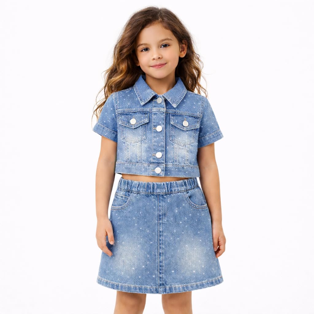 Girls Rhinestone Denim Jacket & Skirt Set