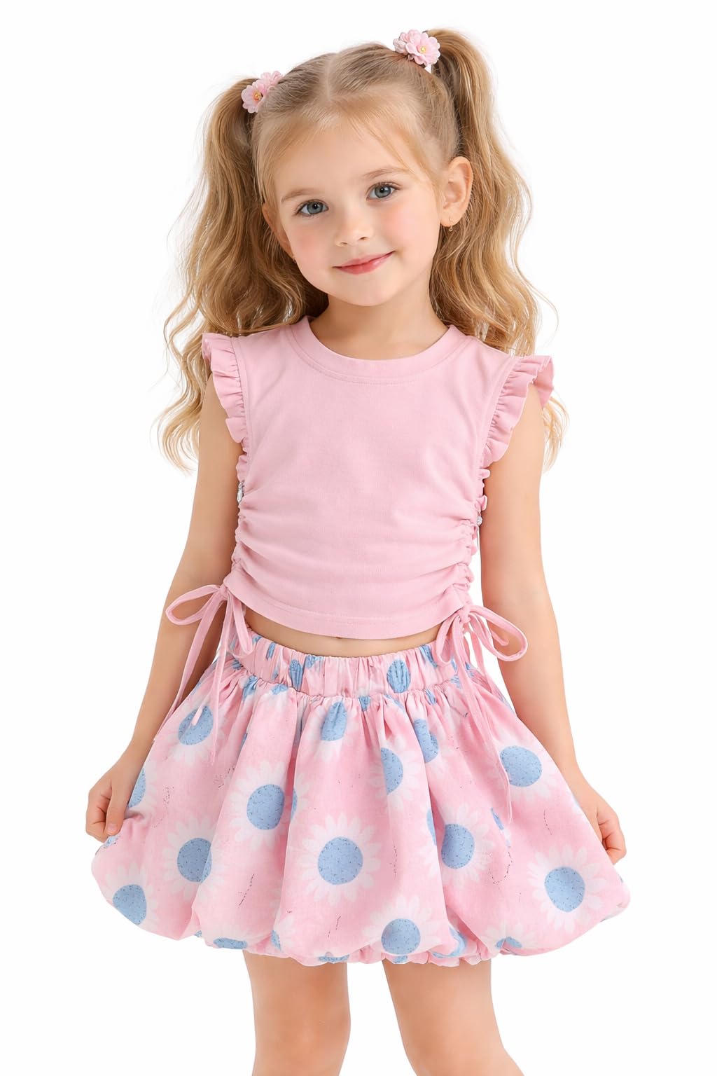 Girls Denim Jacket, Pink Top & Floral Bubble Skirt 3-Piece Set