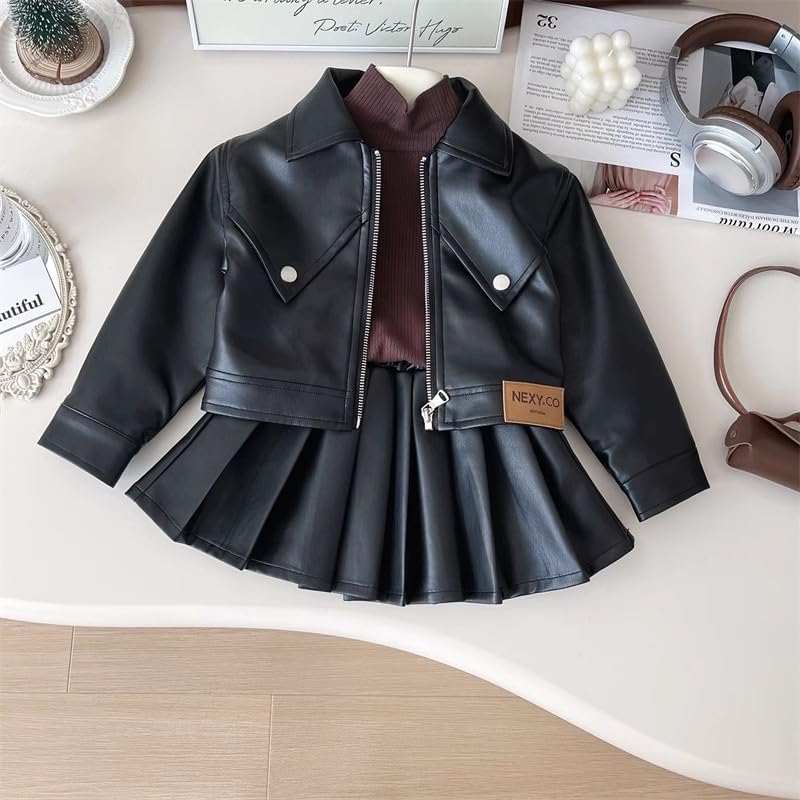 Girls Faux Leather Jacket & Pleated Skirt Set