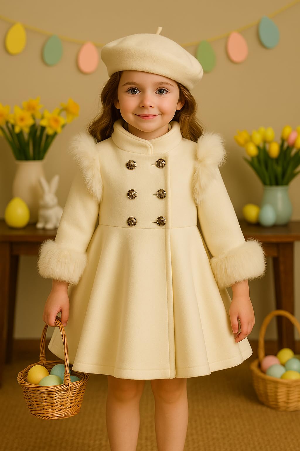 Girls Double-Breasted Dress Coat with Faux Fur Trim & Beret