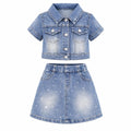 Girls Rhinestone Denim Jacket & Skirt Set