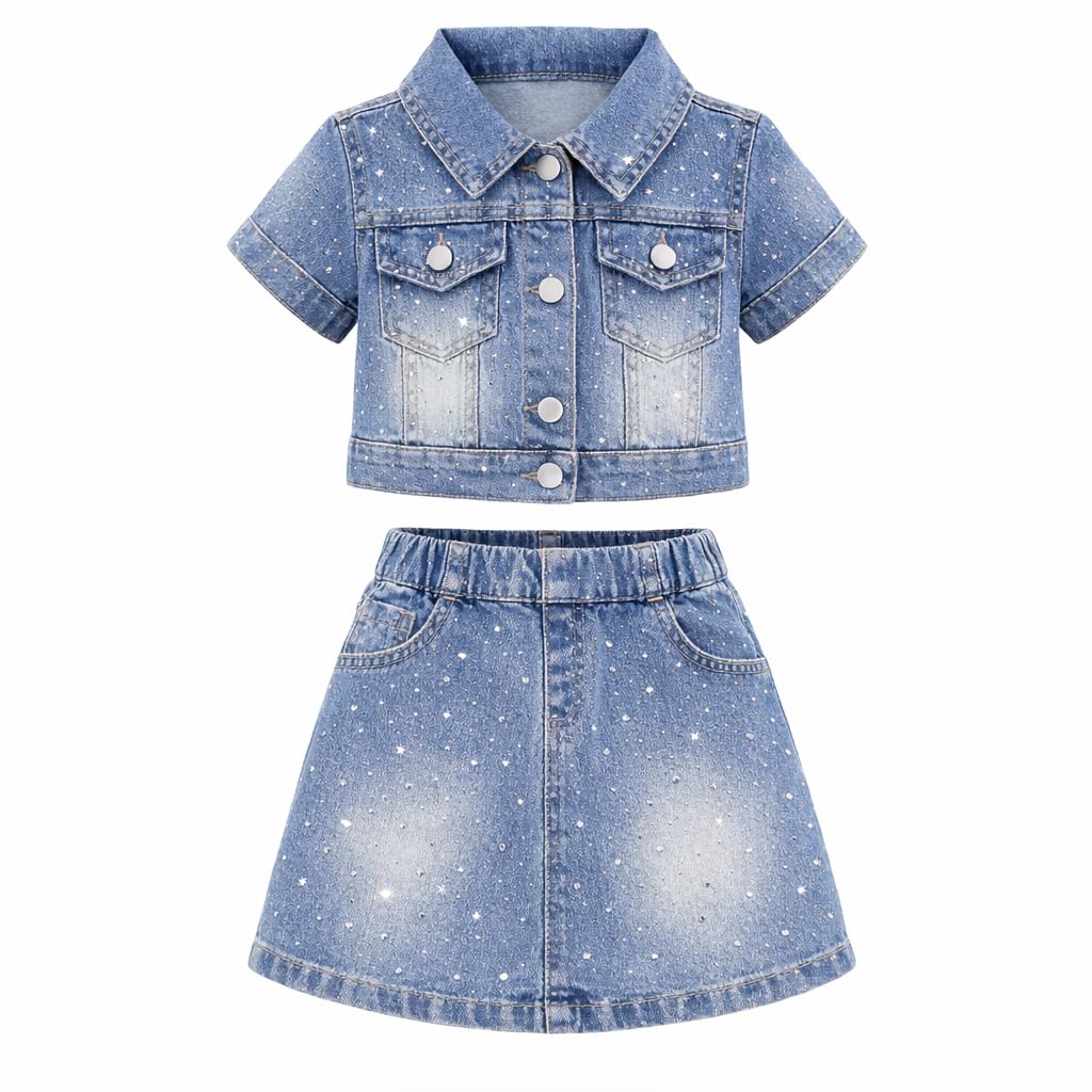 Girls Rhinestone Denim Jacket & Skirt Set