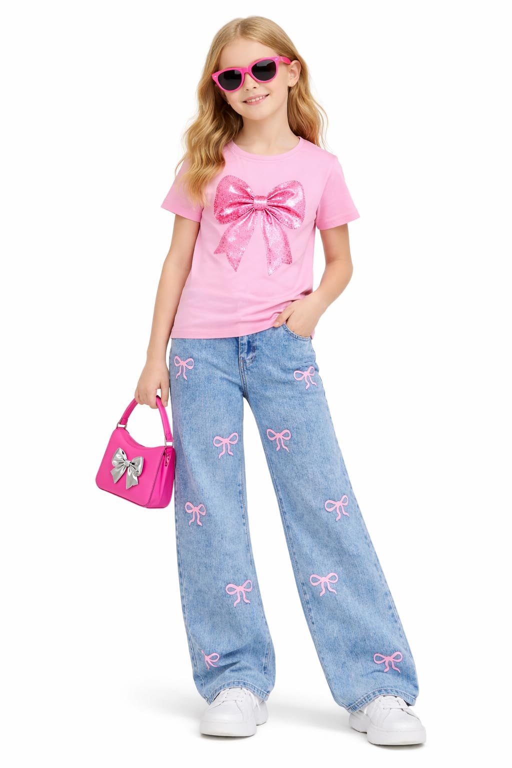 Tween Girls Y2K Bow Graphic Tee & Wide Leg Jeans Set