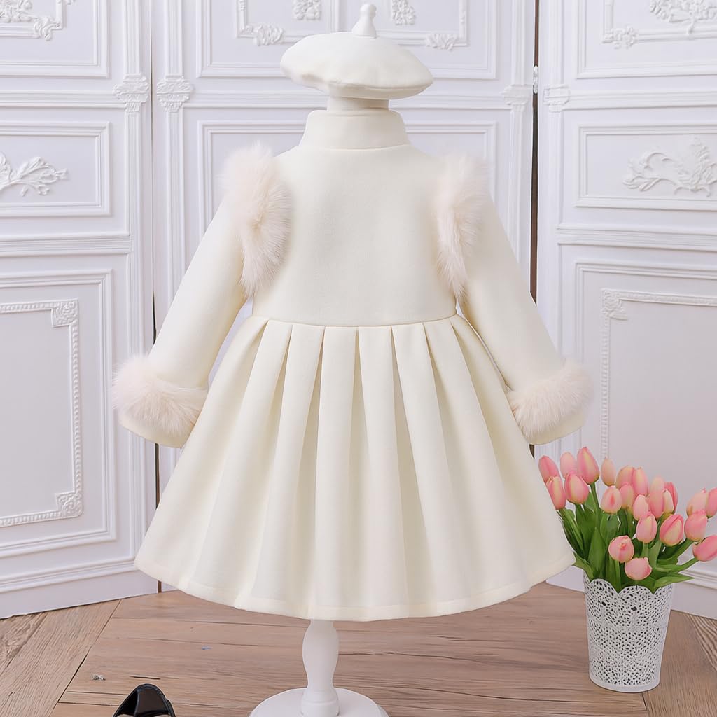 Girls Double-Breasted Dress Coat with Faux Fur Trim & Beret