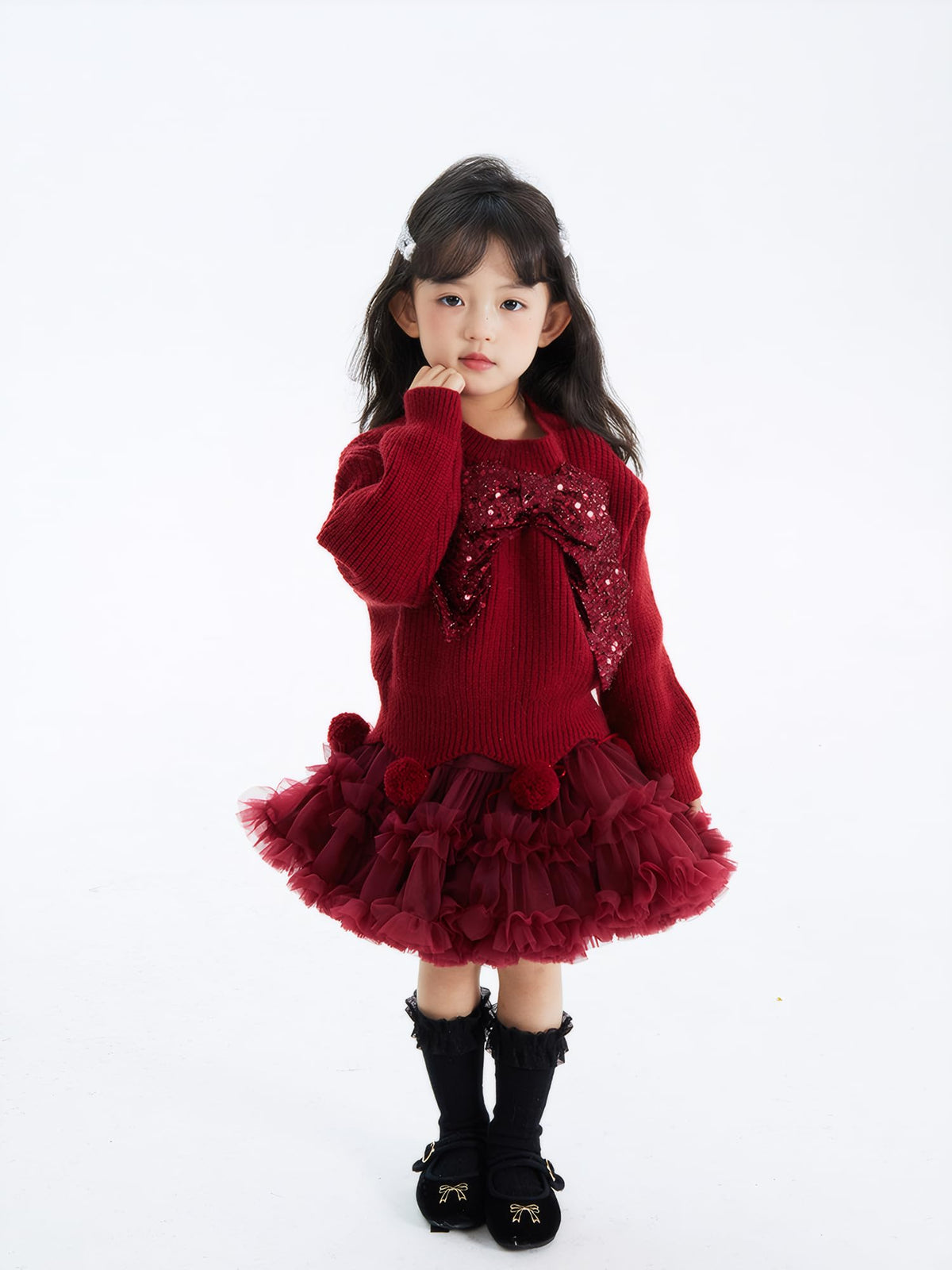 Girls Christmas Sequin Bow Sweater & Tutu Skirt Set
