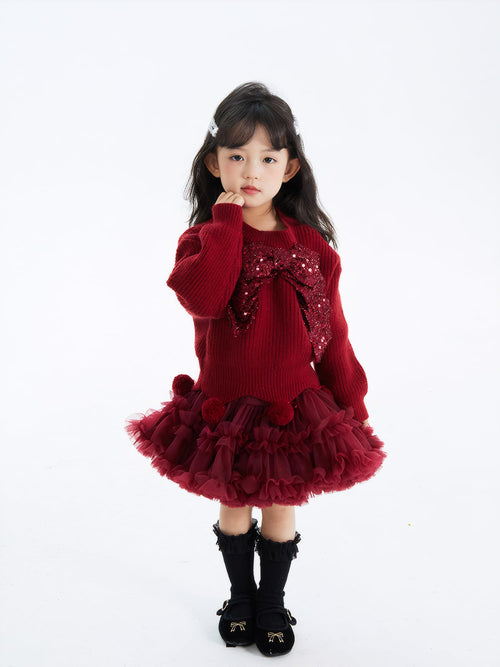 Girls Christmas Sequin Bow Sweater & Tutu Skirt Set