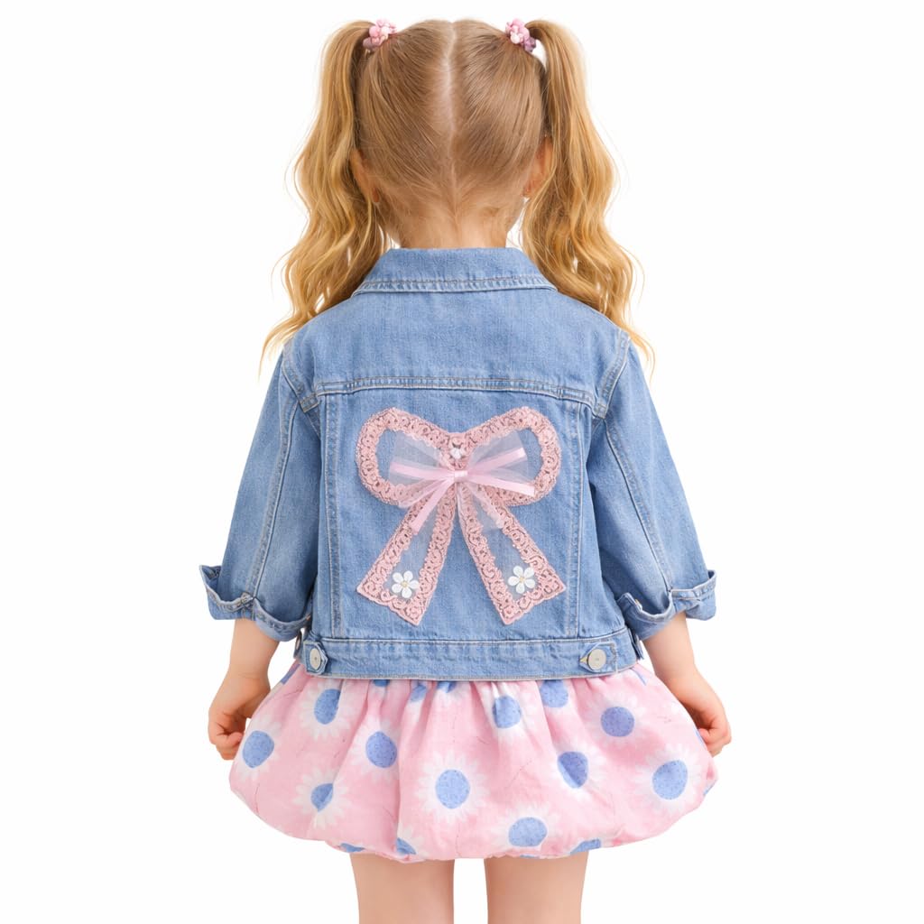 Girls Denim Jacket, Pink Top & Floral Bubble Skirt 3-Piece Set