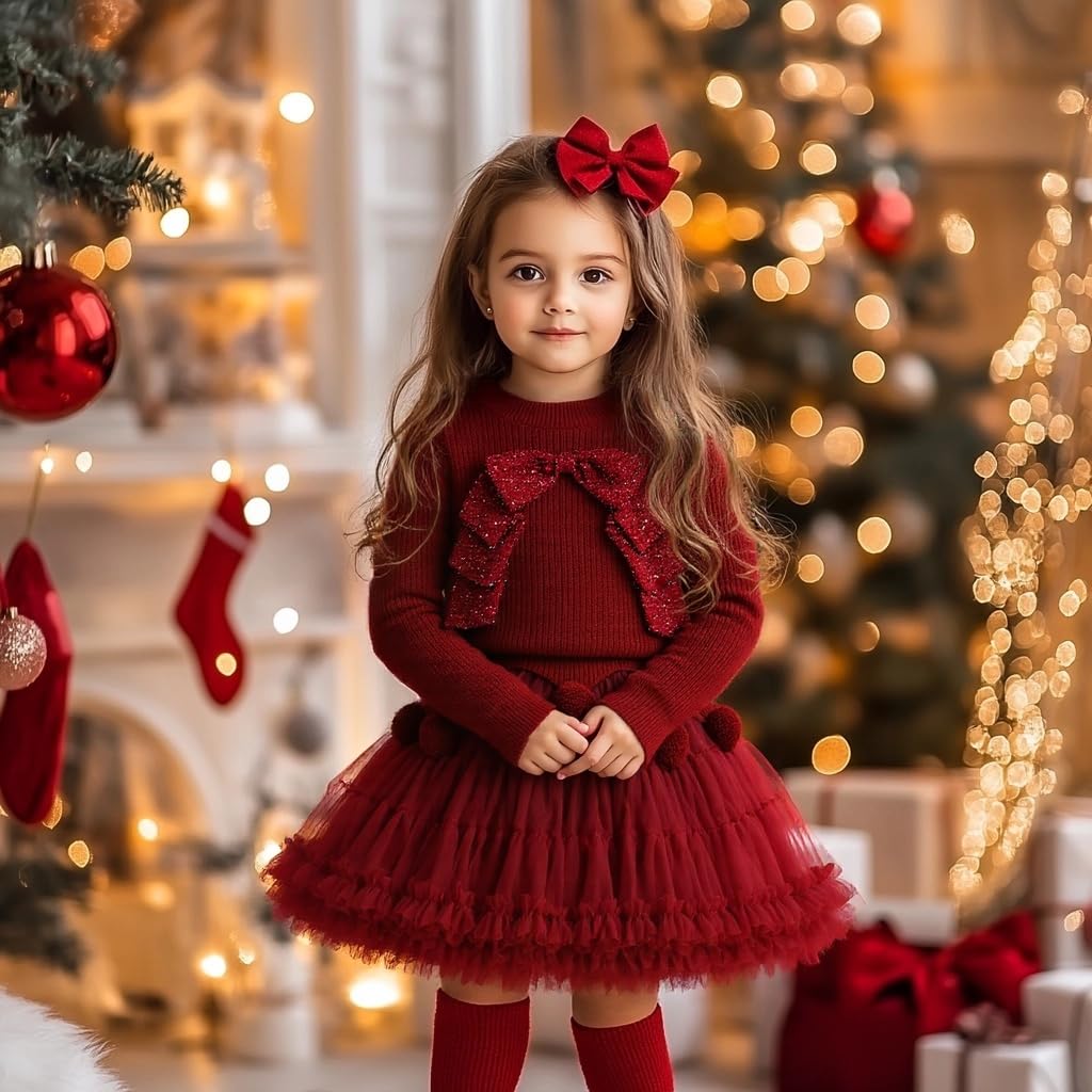 Girls Christmas Sequin Bow Sweater & Tutu Skirt Set