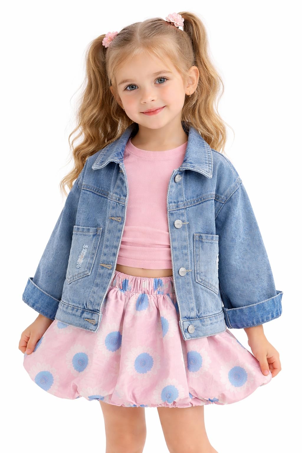 Girls Denim Jacket, Pink Top & Floral Bubble Skirt 3-Piece Set