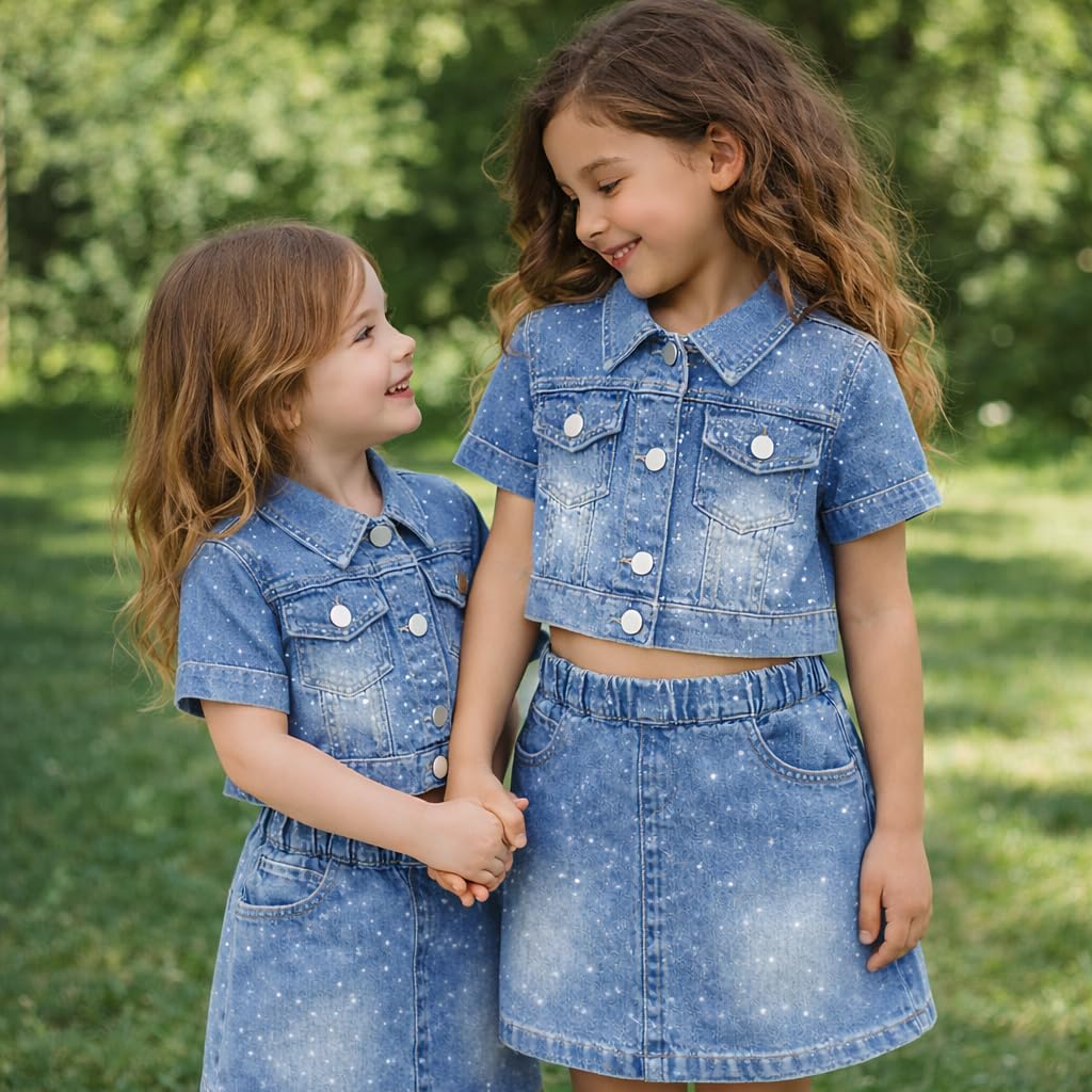 Girls Rhinestone Denim Jacket & Skirt Set