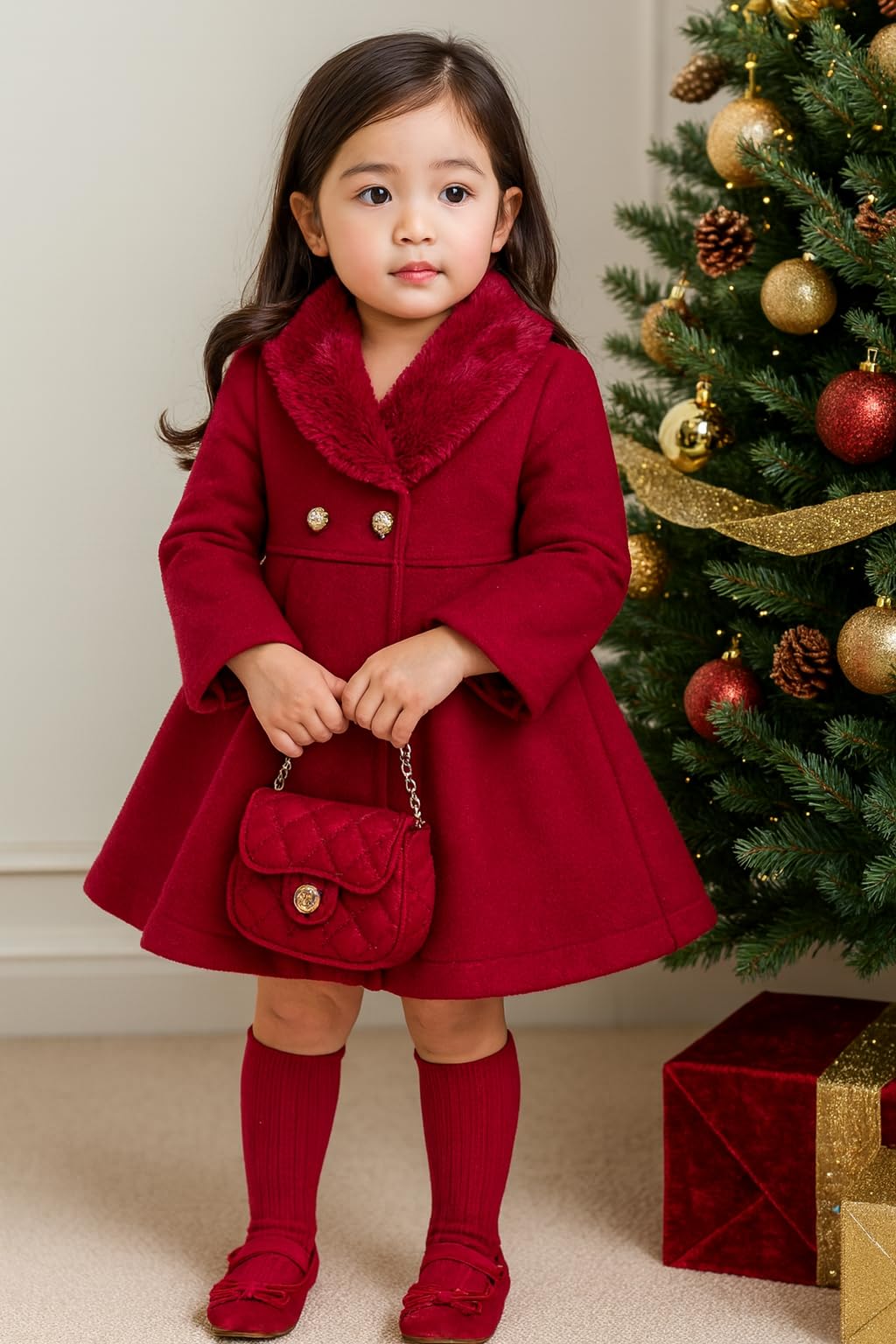 Girls Pearl Button Peacoat with Faux Fur Collar & Beret