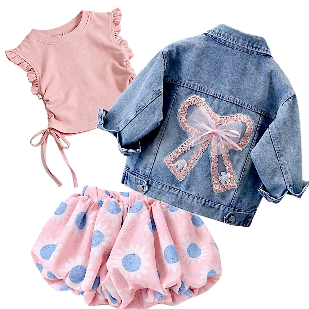 Girls Denim Jacket, Pink Top & Floral Bubble Skirt 3-Piece Set
