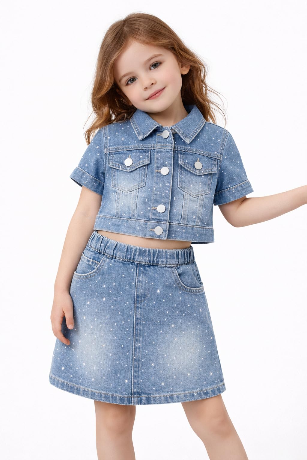 Girls Rhinestone Denim Jacket & Skirt Set