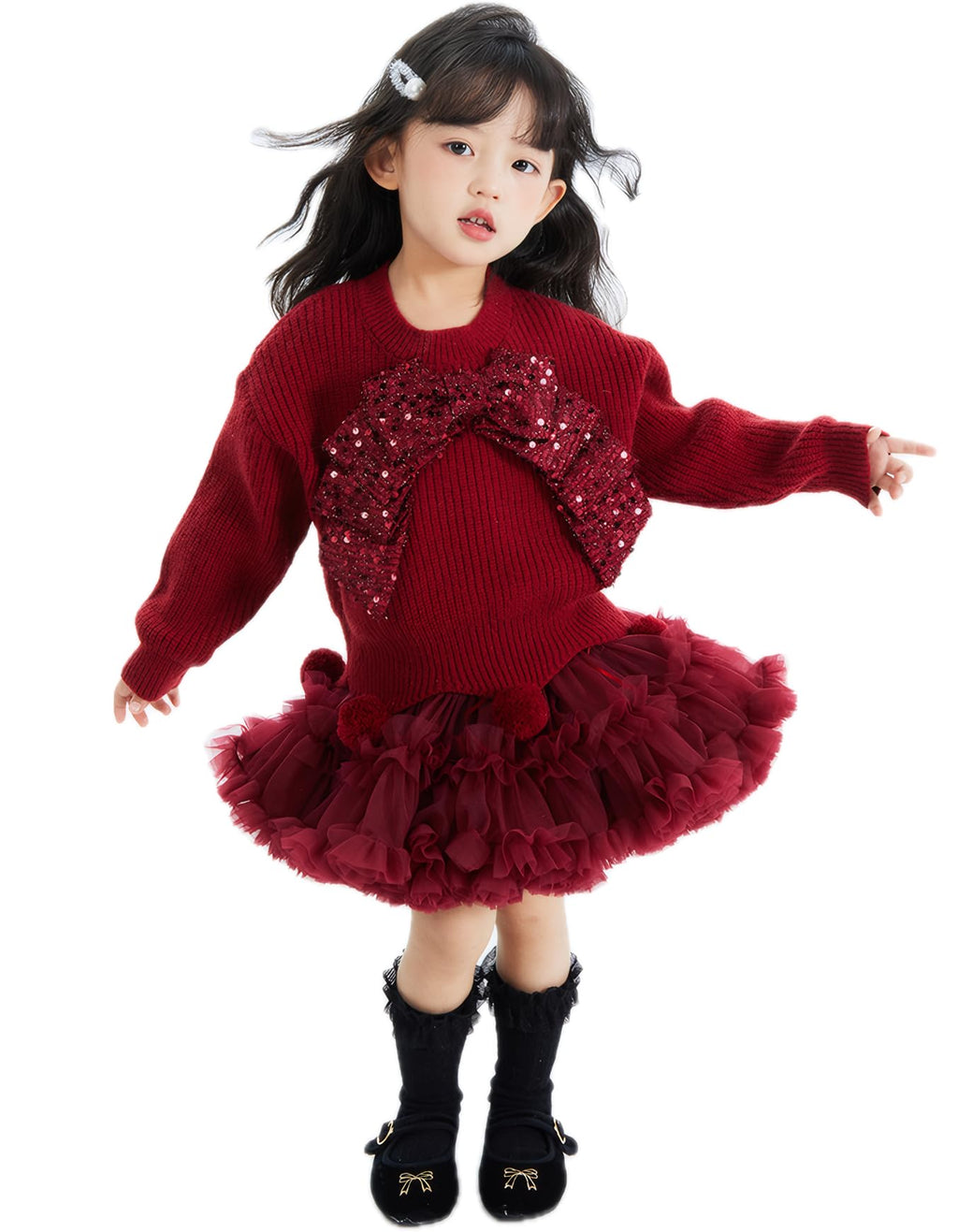 Girls Christmas Sequin Bow Sweater & Tutu Skirt Set