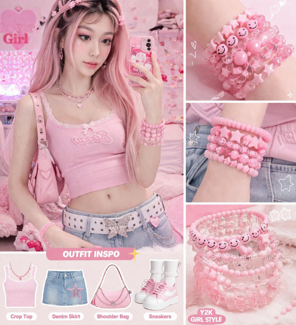 Y2K Beaded Bracelet Set, 5 Pack