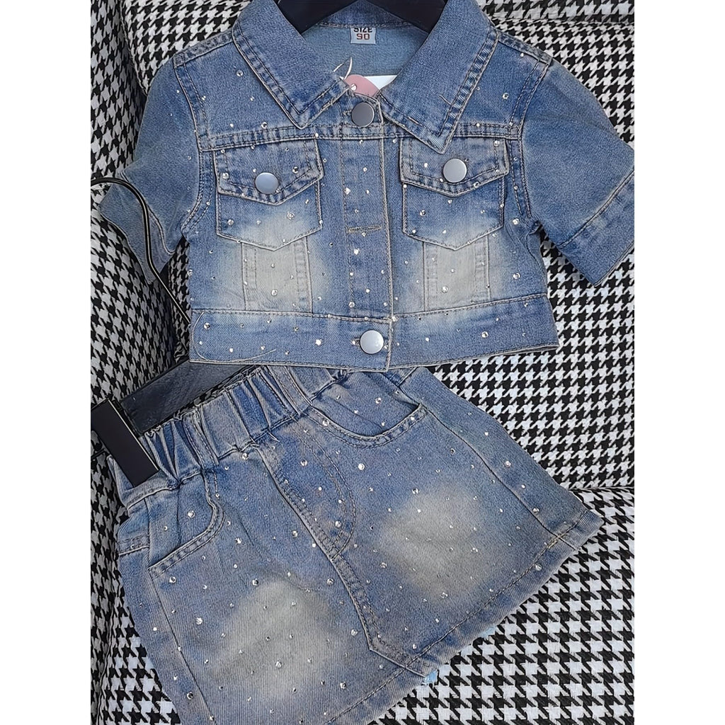 Girls Rhinestone Denim Jacket & Skirt Set